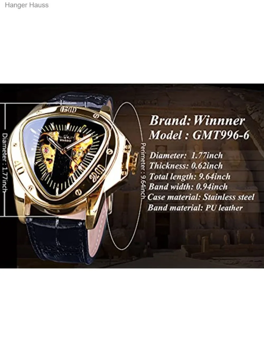 FORSINING Gold Automatic Mechanical Wrist Watch with Triangle Dial & Leather